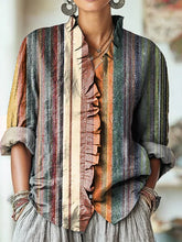 Women's Vintage Colorful Stripe Painting Art Print Casual Cotton And Linen Ruffle Shirt